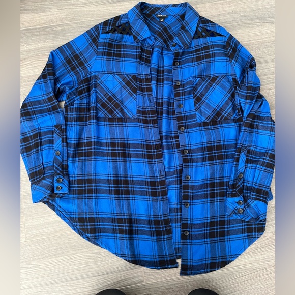 Torrid 0 - royal blue plaid button up flowy shirt - Picture 1 of 2
